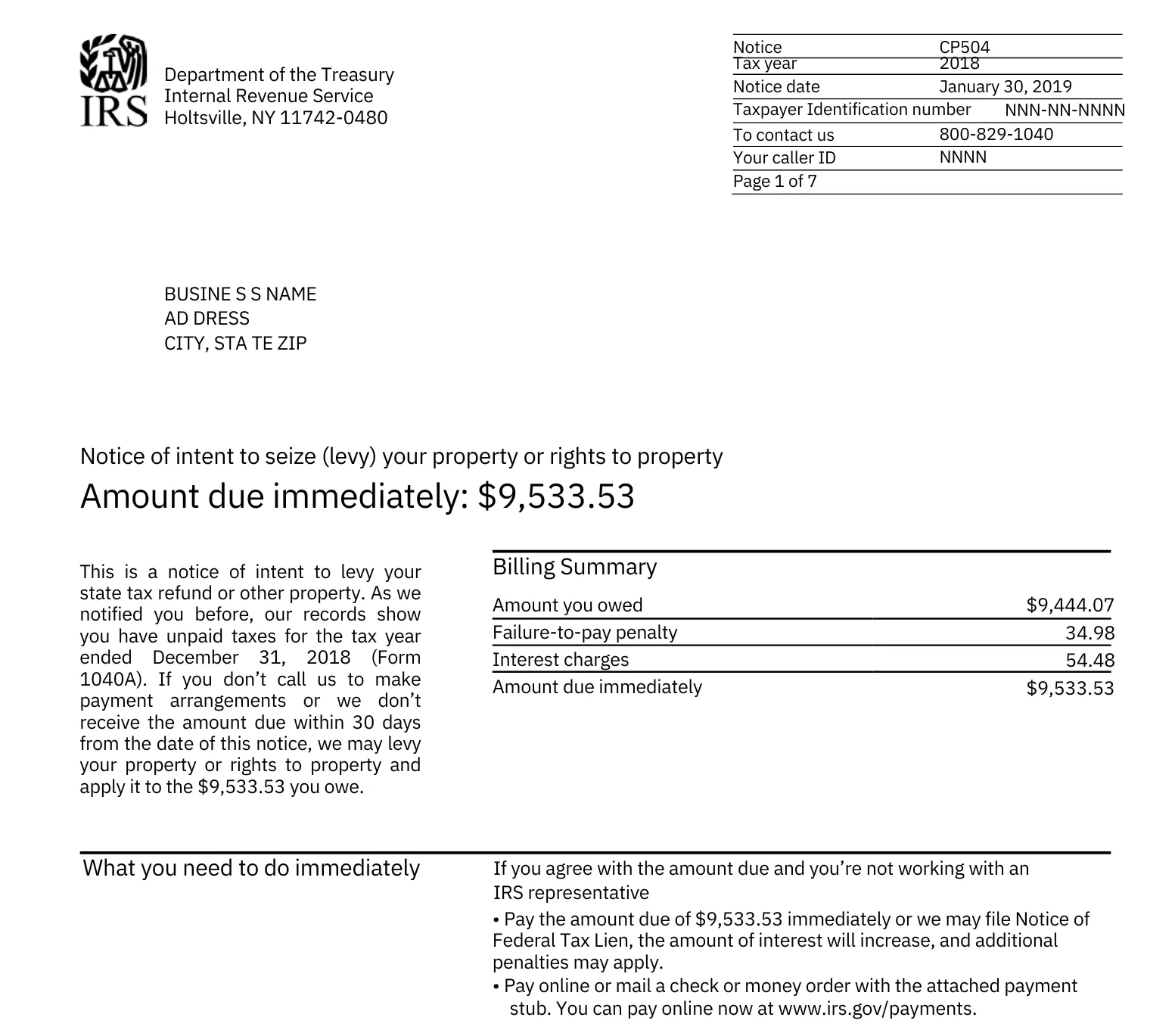 IRS bank levy and lien notice example for Tucson AZ 85705 taxpayers